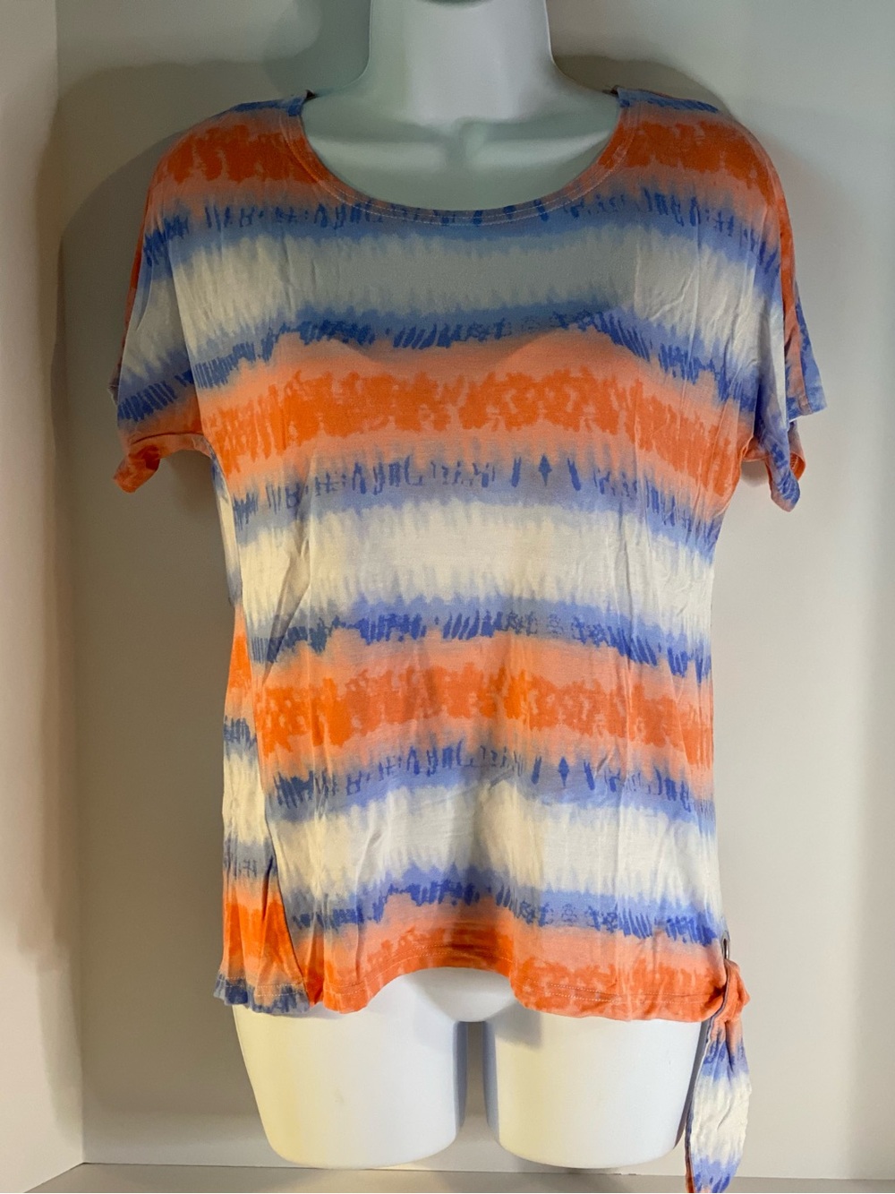 Cathy Daniels Women’s Short Sleeve Tie-Hem Top - Orange, Blue & White